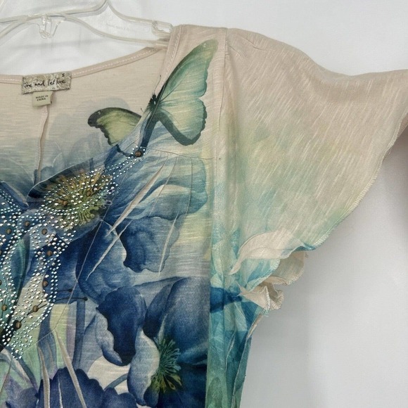 Live And Let Live Boho Floral Butterfly Top Embellished High Low Pom Trim Size S - Picture 3 of 9